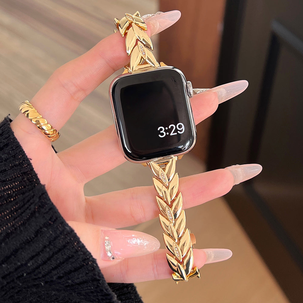 For Apple Watch Series 9 8 7 41mm / 6 5 4 SE (2023) SE (2022) SE 40mm / 3 2 1 38mm Strap Wheat Spike Zinc Alloy Watch Band - Gold For Apple Watch Series 9 8 7 41mm / 6 5 4 SE (2023) SE (2022) SE 40mm / 3 2 1 38mm Strap Wheat Spike Zinc Alloy Watch Band - Gold